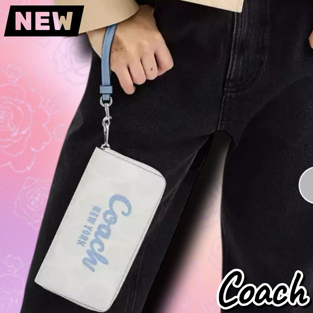 🔴New NWT Coach Long Zip Around Wallet – Signature Canvas in Sv/Chalk/Bluebell - Picture 3 of 5
